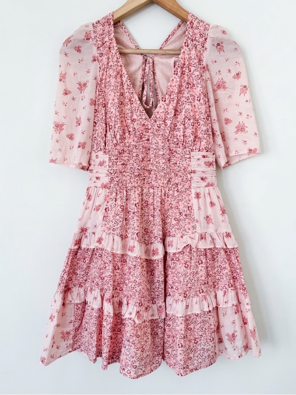 American Eagle Patchwork Pink Floral Cotton Tiered Mini Dress V-Neck Open Back M